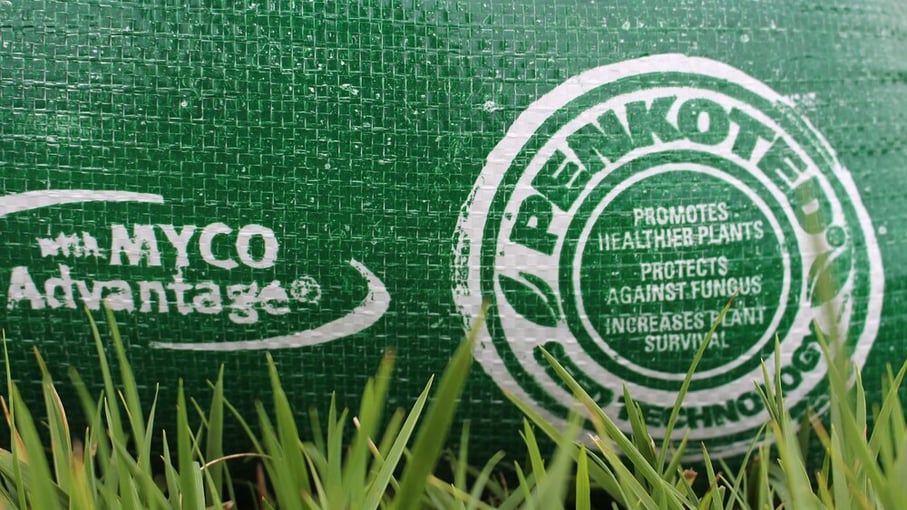 a picture showing treatments logos on a Tall Fescue seed bag from Super-Sod