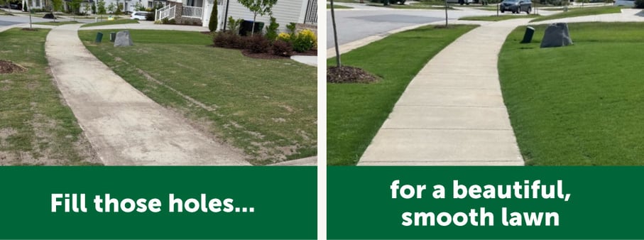 Before and after of a bumpy lawn fixed with Level Mix